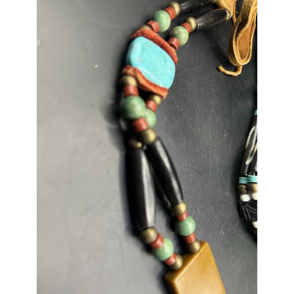 Hand Made Tribal/ Native Leather Tied Necklaces/ Untested Beads Stone Wood Mix - Picture 2 of 5